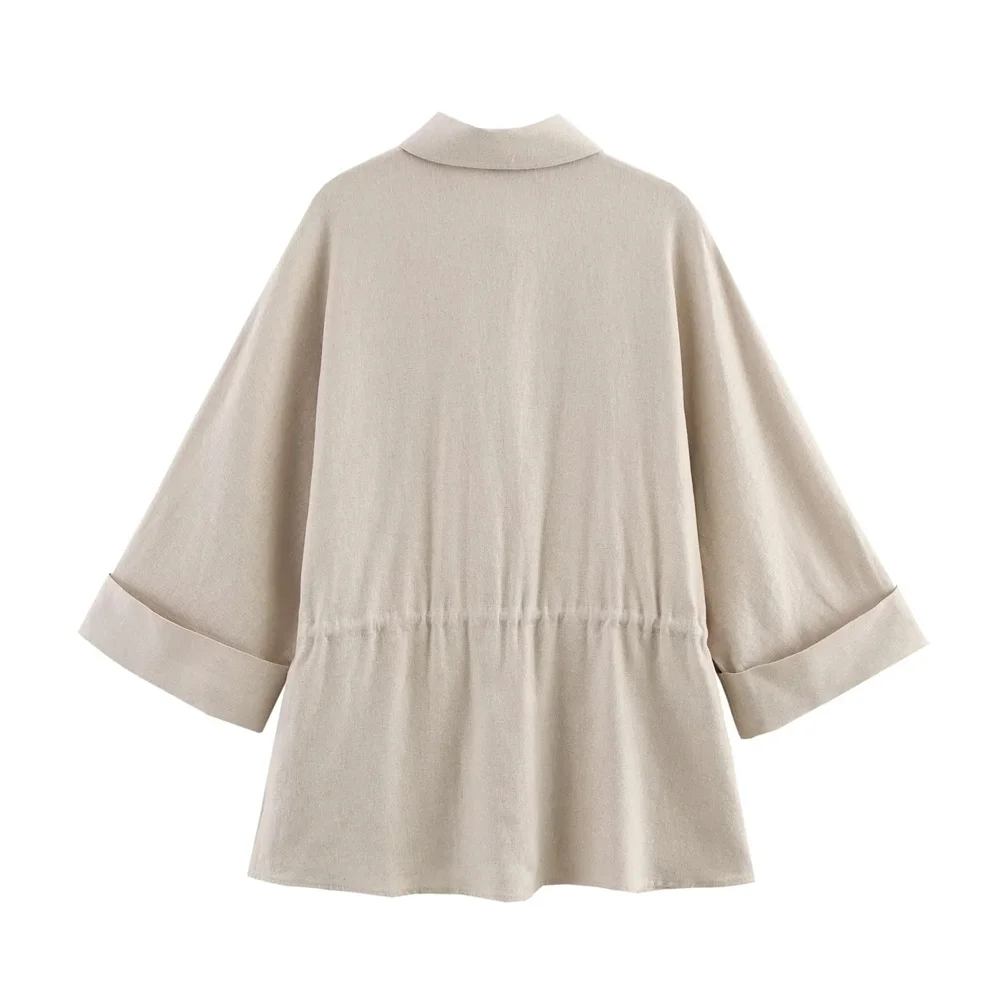 Damen-Langarmshirt im lässigen Stil mit Kordelzug-Design, Frühling/Sommer, neues Produkt, Kragen, lässiges Oberteil