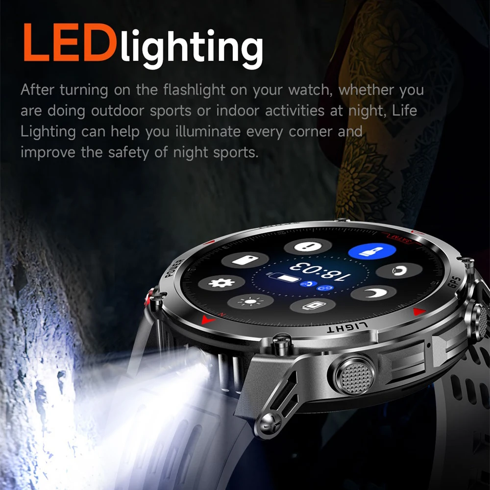 Rotundity Outdoors GPS Sports Smartwatch 30M Waterproof Compass Flashlight Altitude Pressure Blue Tooth Call Health Smart Watch