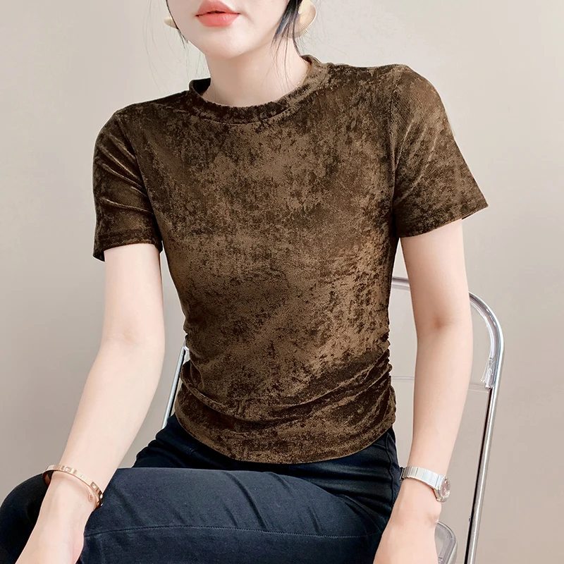 Camiseta de terciopelo con flores de hielo para mujer, camiseta de cintura alta, ort Sle, adelgazante, versión coreana, Top de verano