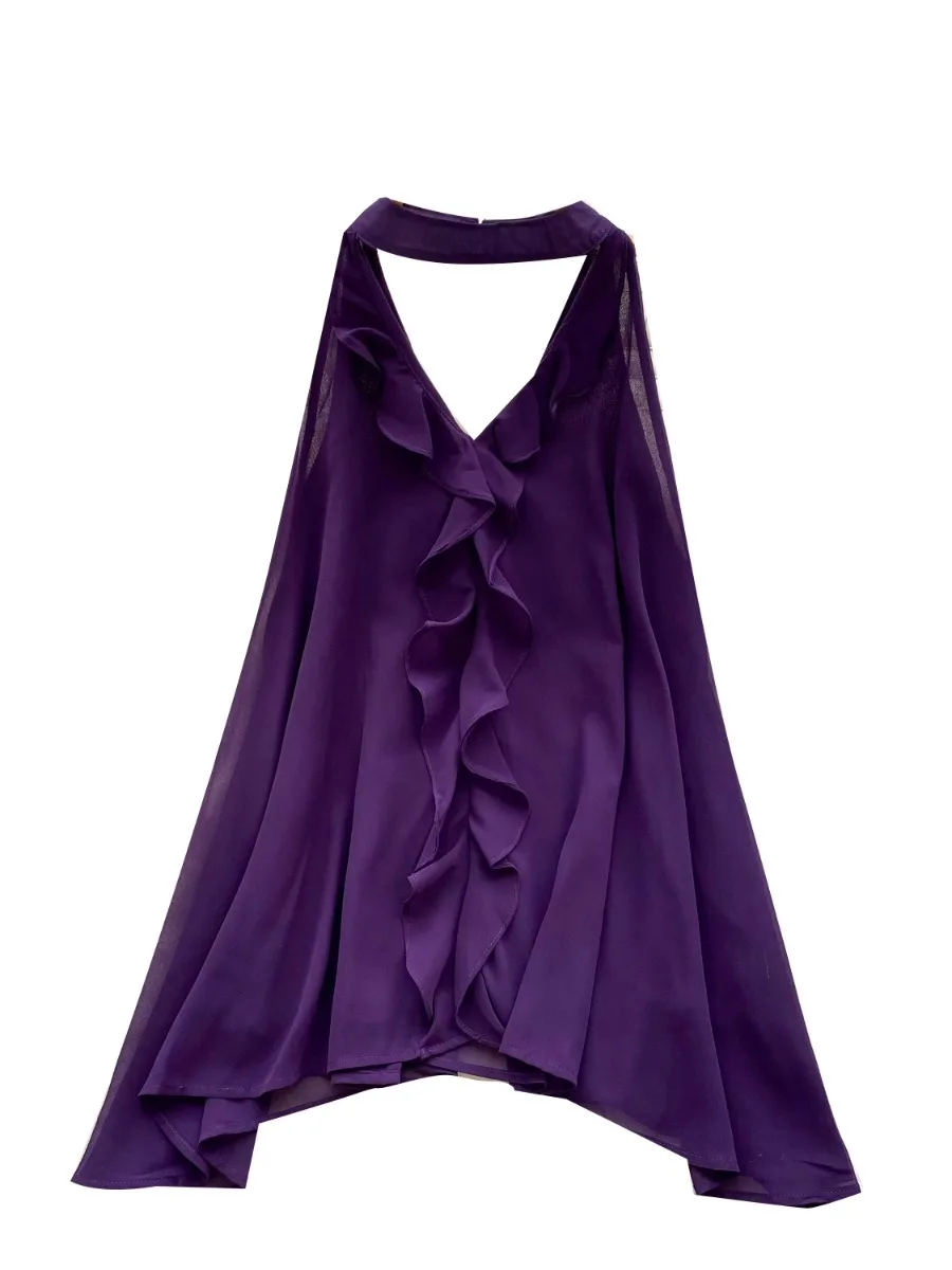 Foamlina Camicetta estiva senza maniche in chiffon con volant Camicia da donna Estetica intenzionale Scava fuori Top con scollo all'americana Camis