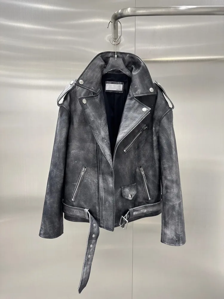 Chaqueta de cuero genuino para mujer, abrigo corto de piel de vaca, Estilo Vintage, Punk, motociclista, con cremallera y solapa, holgado,