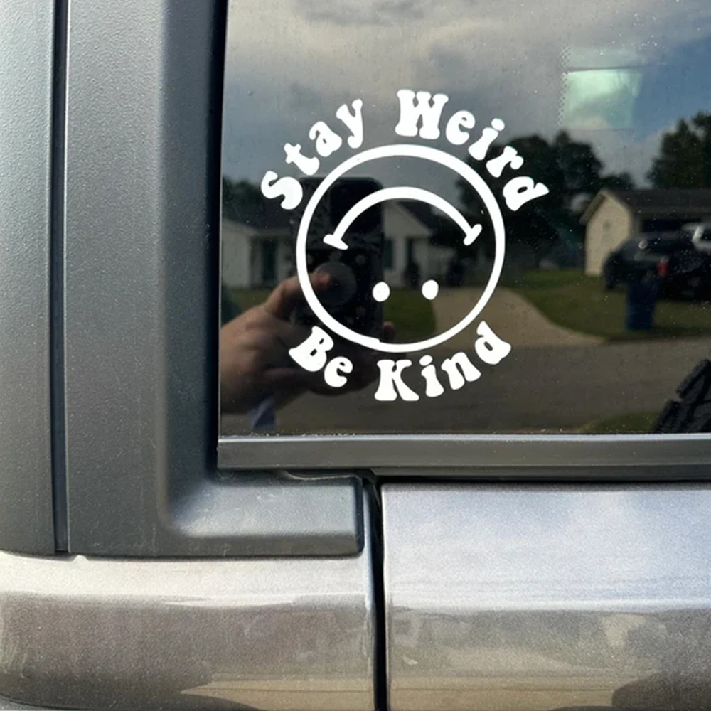 Stay Weird Be Kind Quote Car Sticker Retro Smile Face Graphic Decal For Car Rear Window Exterior Accessories Vinyl Decal