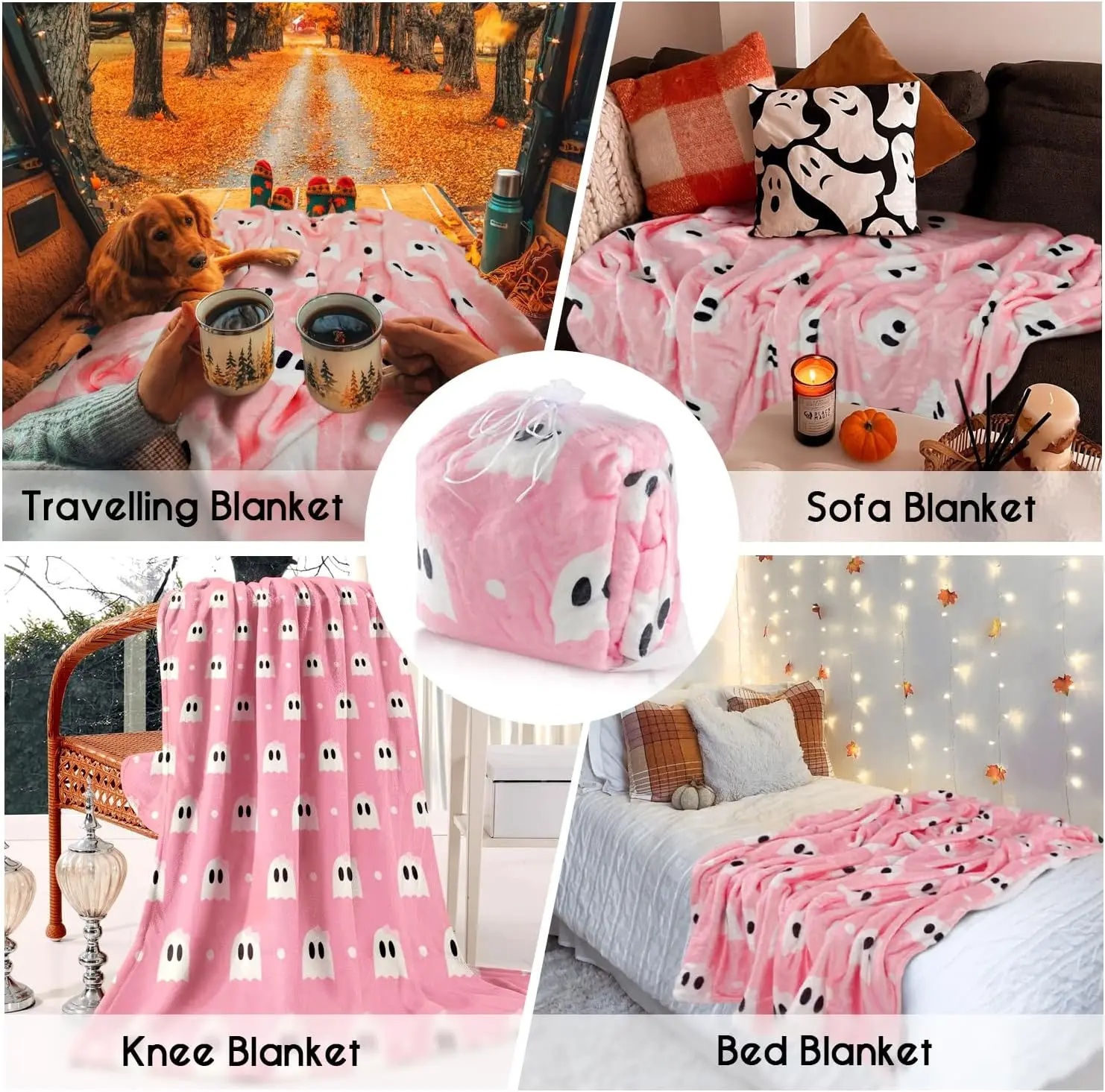 Halloween Blanket,Halloween Pink Polka Dots Spooky Ghost Fleece Blankets, for Women Flannel Throw Blanket for Home Living Room Couch Bed Chair or Dorm Decor 60