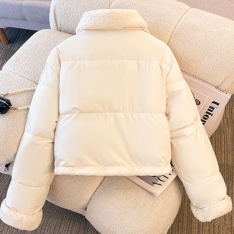 سترة شتوية للنساء على الوجهين بلون سادة وطية صدر السترة من صوف الضأن الصناعي معطف أمريكي غير رسمي أنيق عالي الشارع سميك