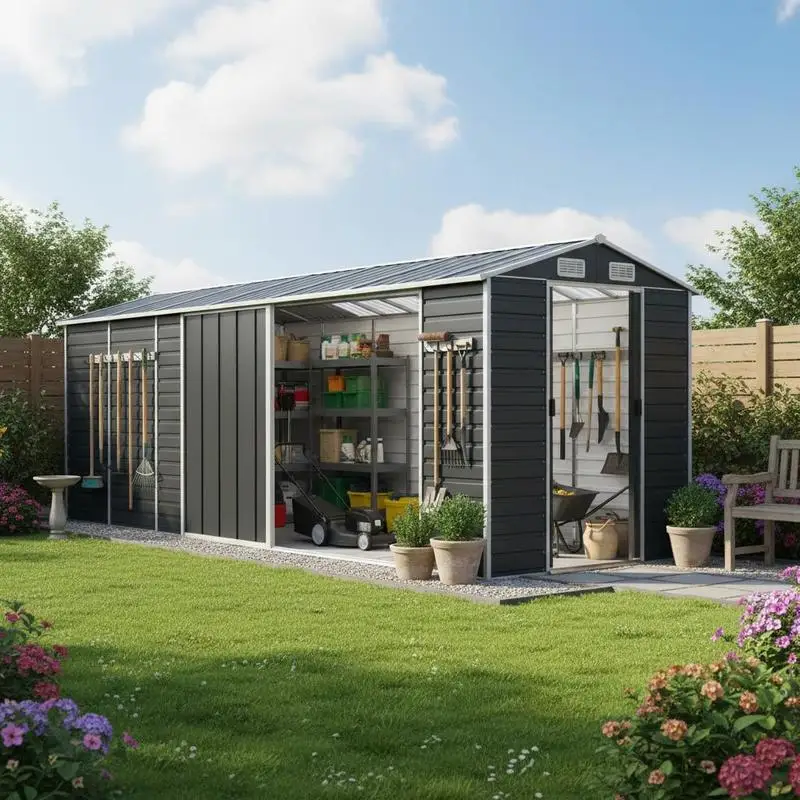Grand abri de jardin en métal, construction en acier galvanisé avec ventilation et toit incliné, organisateur d'outils extérieur pour atelier et cour, gris anthracite, 191x725x198 cm