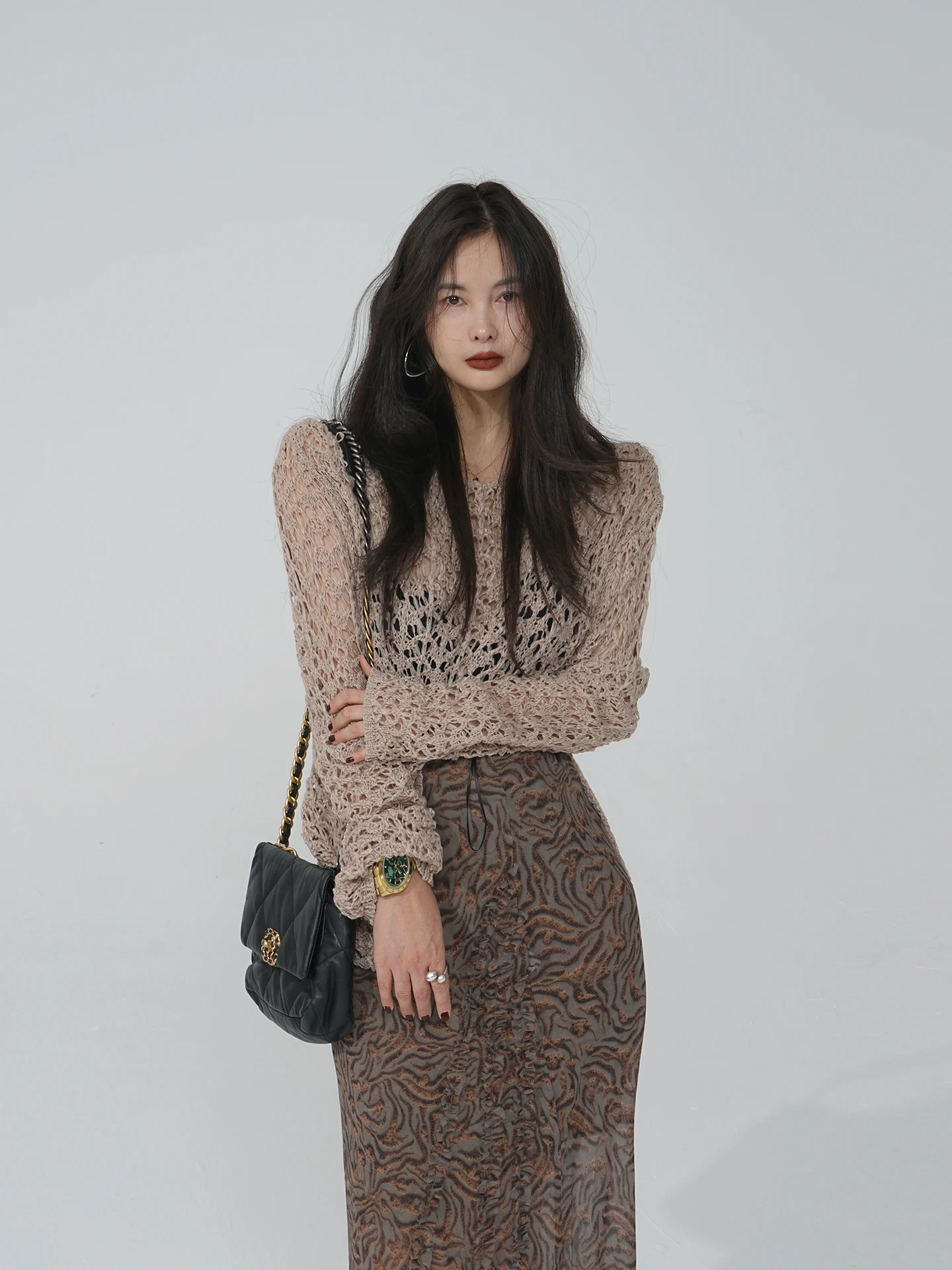 

Linen Texture Knitted Hollow out One Shoulder Split Long Sleeve Sweater Spring Season Women's Loose Fit Fashion Commute Wear