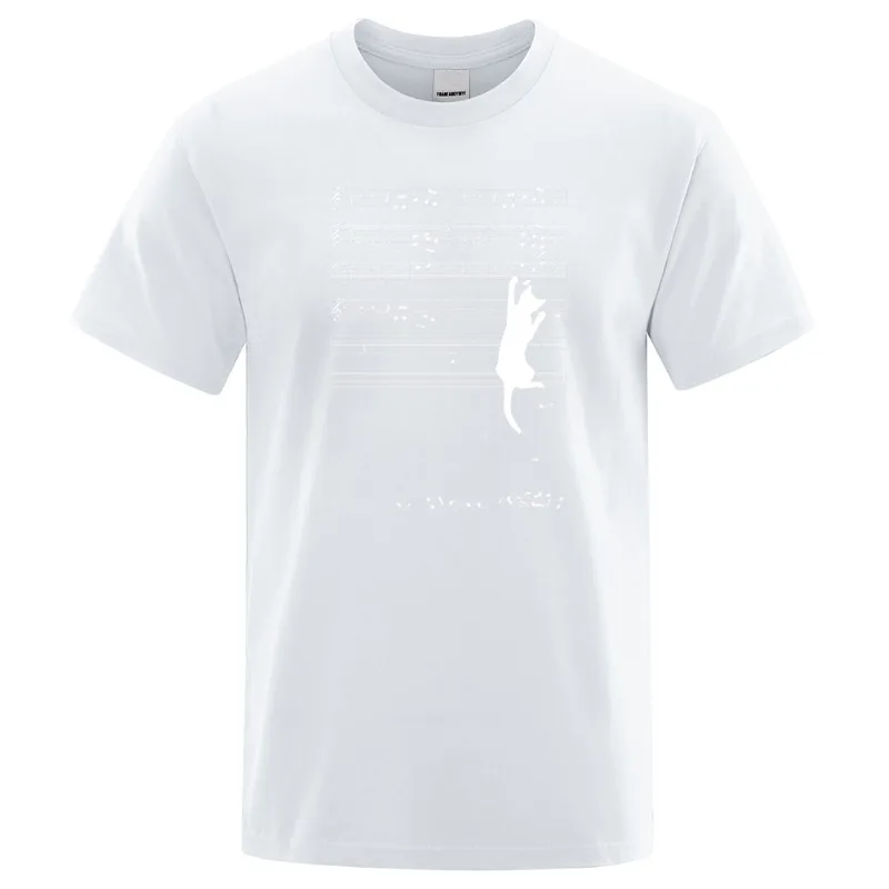 Cat Hanging on Music Score Print Short Sleeve O-Neck Cotton Tops Summer Fashion T-Shirt Oversized Casual Streetwear Men T Shirt