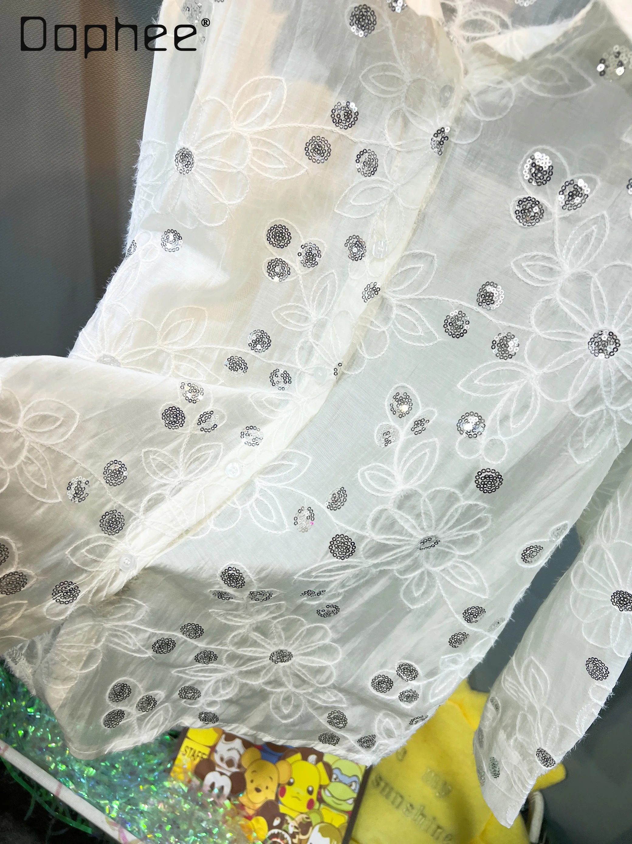 Heavy Industry Embroidered Shirt Women Fashion Sequins Loose Mid-length Versatile Temperament Top Summer Thin Long-sleeved Shirt