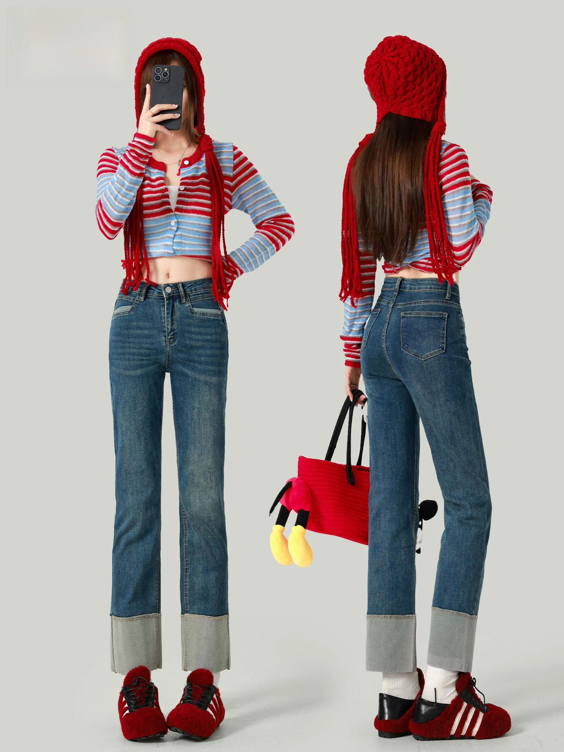 

High Waist Straight Leg Blue Jeans Women's Autumn New Style Lengthening And Slimming Cuffed Nine Point French Bread Smoke Tub...