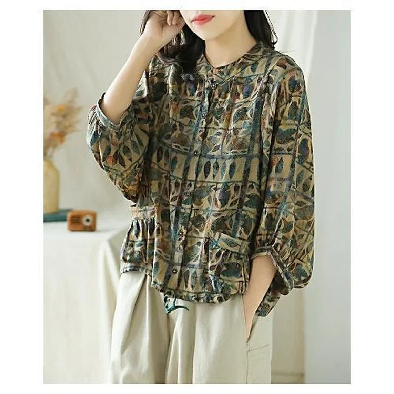 Cotton Linen Women Shirt Vintage Oversized Floral Print Blouses Harajuku Leisure Loose Ladies Casual Button Up Shirts Tops Mujer