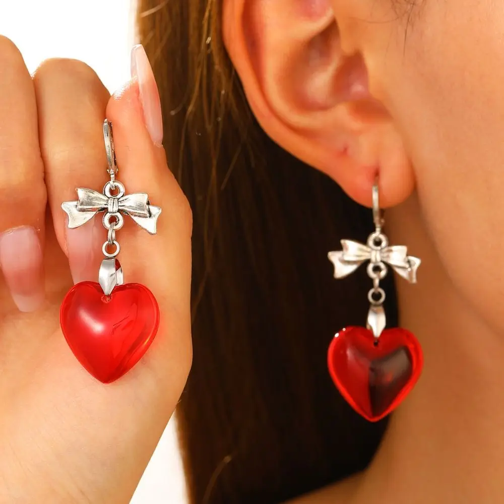 Bow Tie Love Heart Hoop Earring Y2K Korean Style Love Heart Ear Charms Gothic Transparent Red Pink Heart Shaped Earrings Ladys