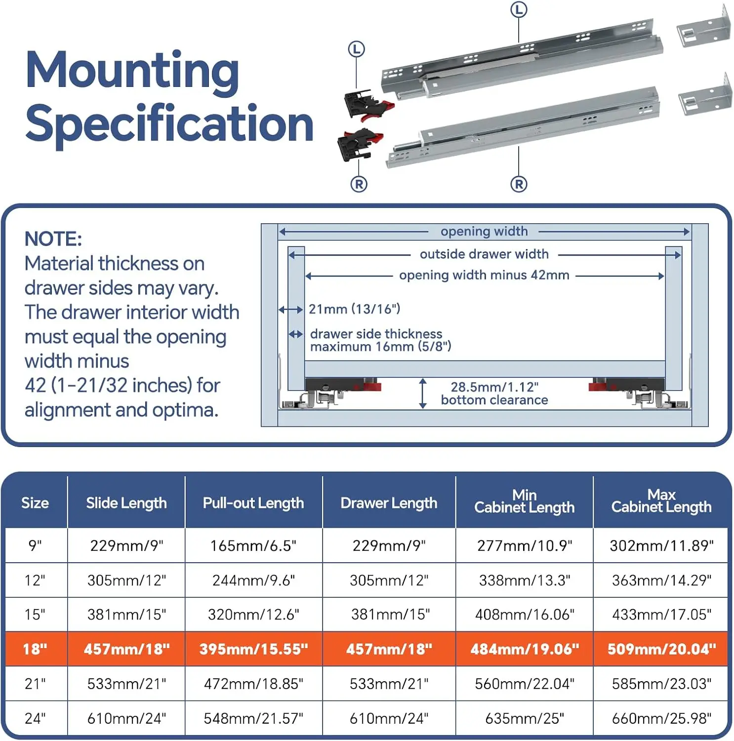 18 Inch Undermount Soft Close Drawer Slides Full Extension Concealed Bottom Mount Rails 1D Adjustable Detachable Design with Rear Mount Brackets 80LB Capacity Kitchen Cabinet Hardware, 6 Pairs