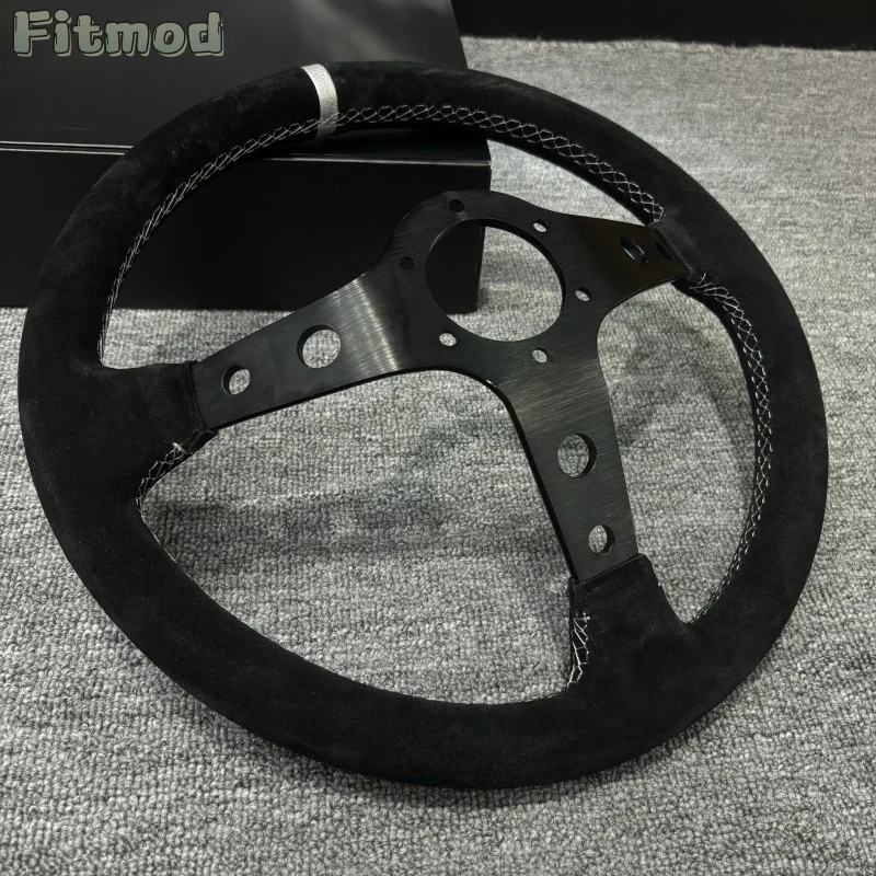 JDM Black Edition 14-inch 350mm Suede Deep Dish Car Steering Wheel Drift Racing Black Edition MO Silver Stripe PCD 70MM