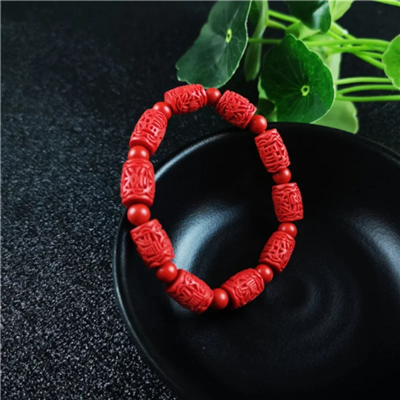 Chinese Red Organic Cinnabar Carving beads Elastic Bracelet Fashion Man Woman Luck Amulet Gifts Jewelry New W9