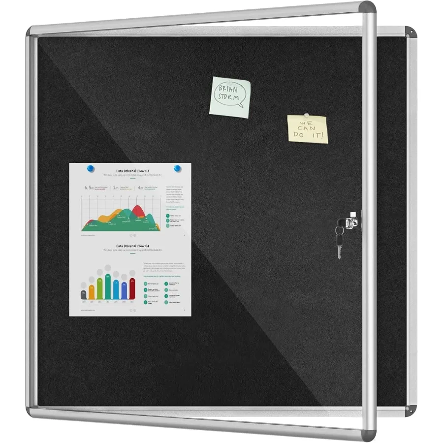 

38"x38" Enclosed Bulletin Board Lockable Weather-Resistant Aluminum Cork Noticeboard for School and Office Silver Frame w/Black
