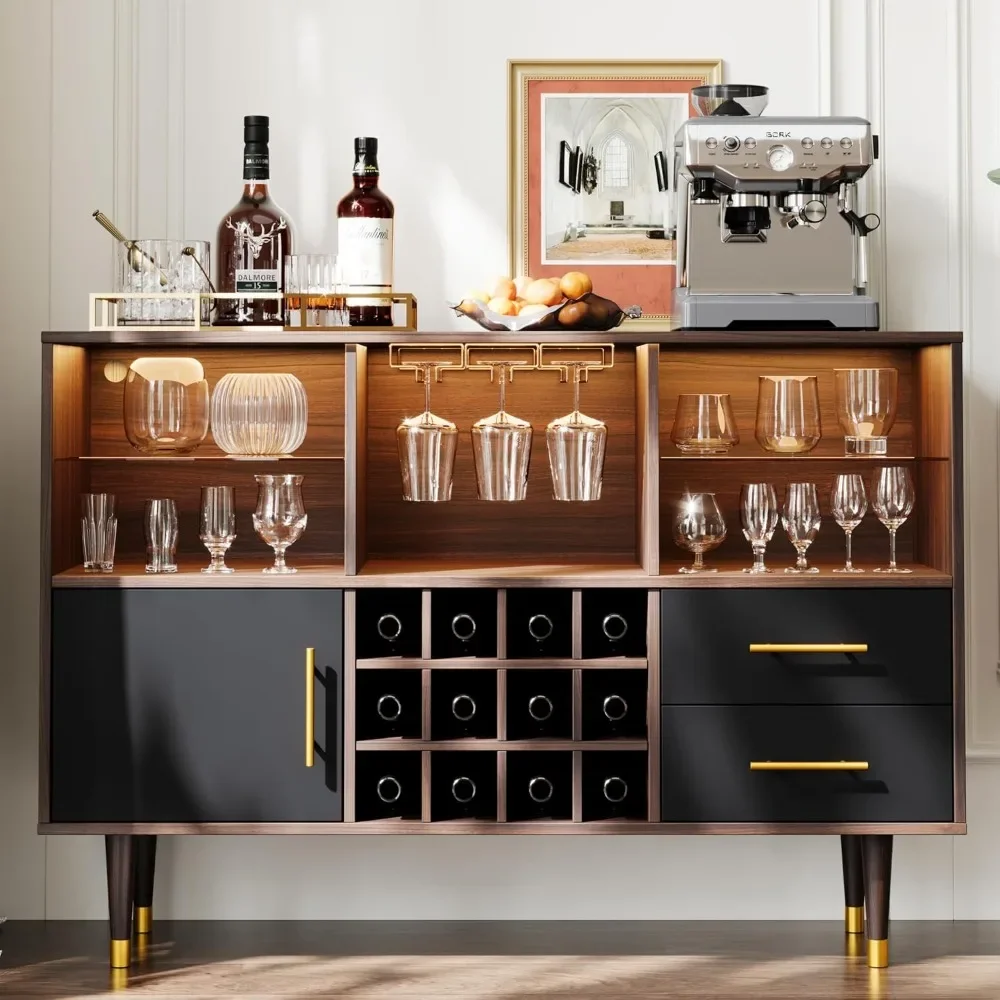 47 inch Walnut - Modern Cabinet with LED Light Charging Station, Buffet Table, Coffee Bar & Storage for Home Bar