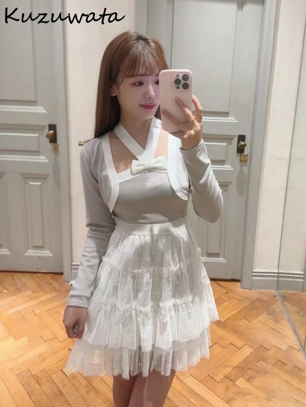 Kuzuwata New Sweet Panelled Bow Halter Sets Sling+casual V Neck Long Sleeve Patchwork Cardigan Japan Knit All-match Suits Jumper
