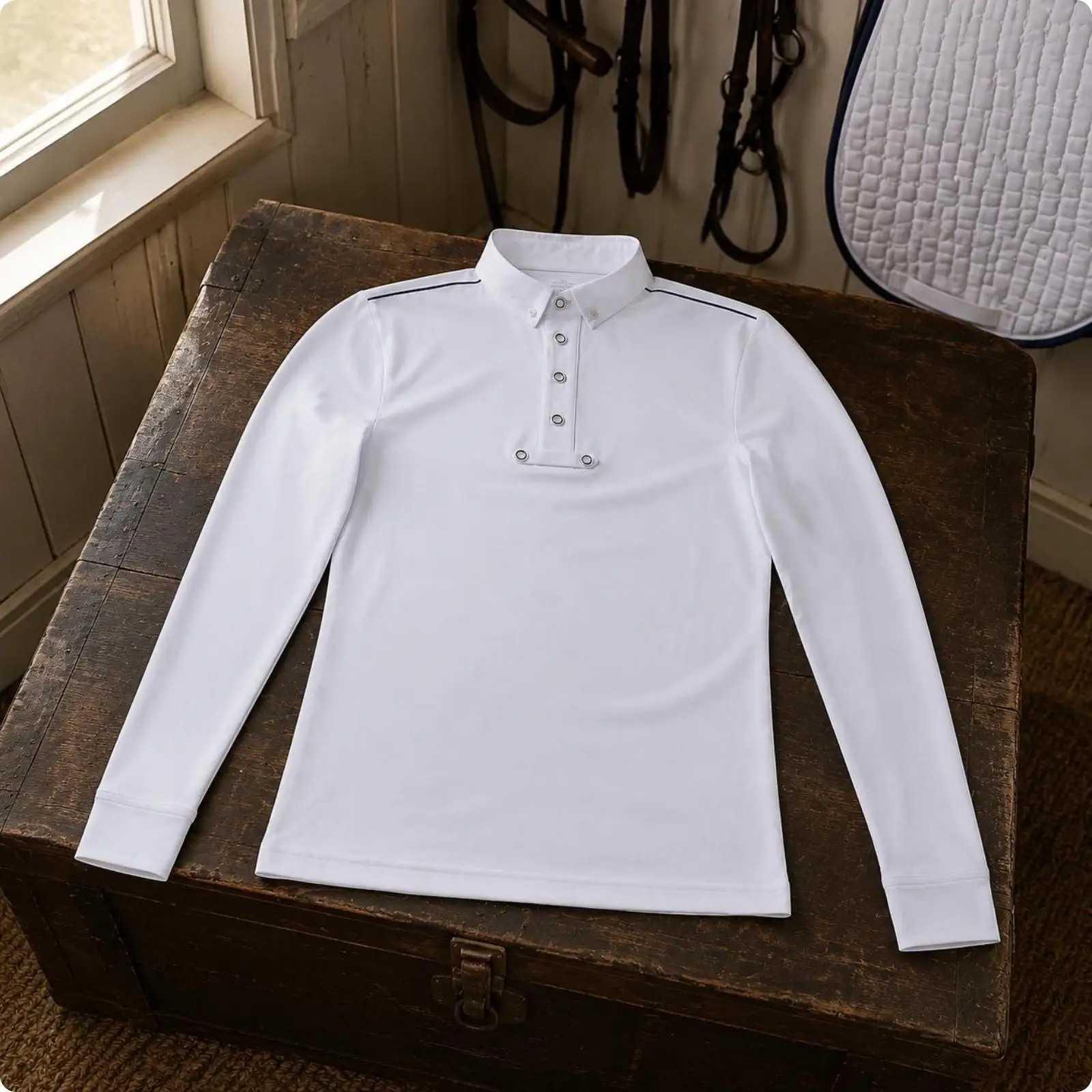 Reitsport-Shirt mit Stehkragen und Langen Ärmeln, Dehnbares Reitoberteil für Herren – Detail 1