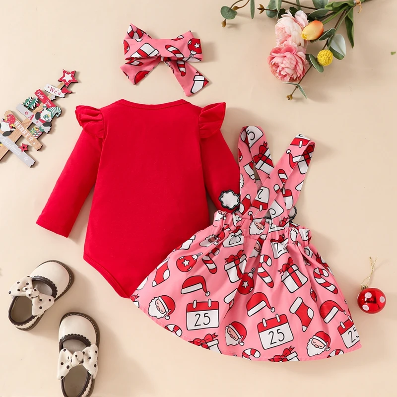 Baby Girls Christmas Outfit Long Sleeve Romper with Gingerbread Man Santa Claus Suspender Dress Headband Newborn Xmas Set