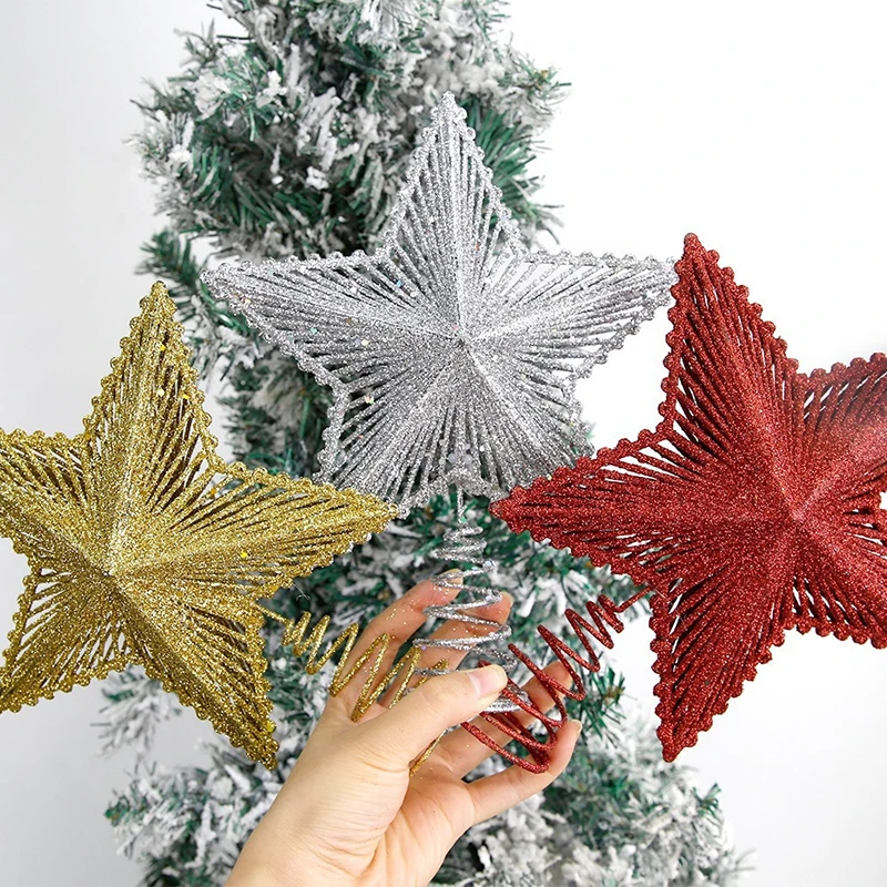 Glitter Christmas Tree Topper Iron Star Decor สําหรับตกแต่งบ้านเครื่องประดับคริสต์มาสปีใหม่ของขวัญ