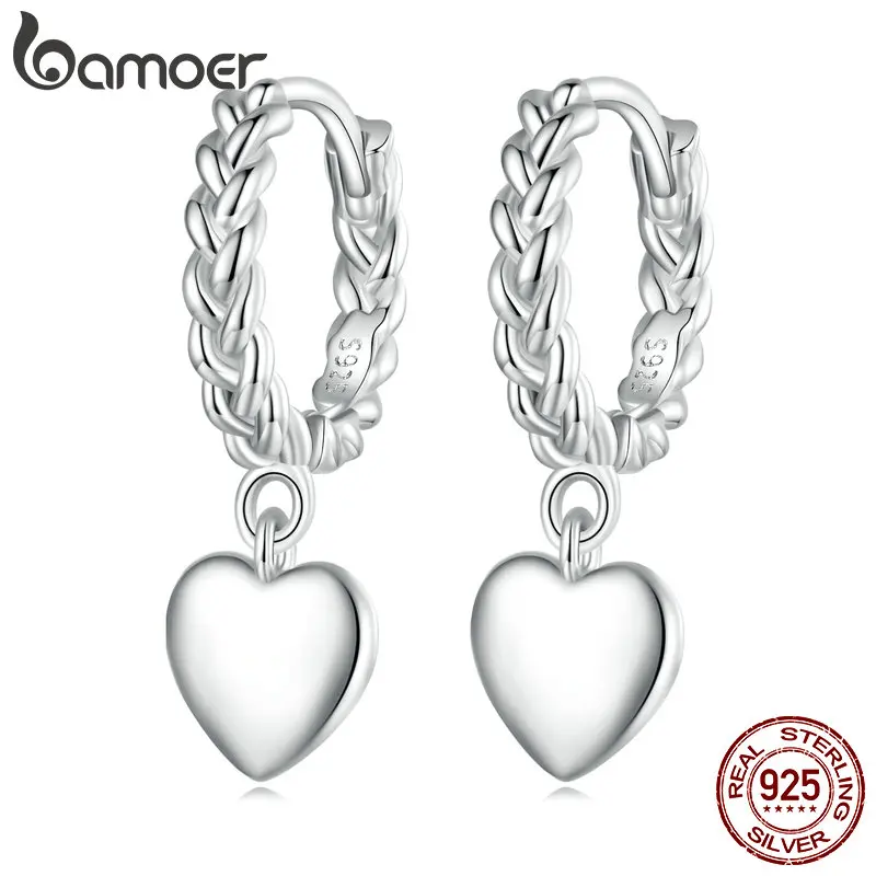 Bamoer 925 Sterling Silver Braided Texture Twisted Ear Buckles Heart Drop Earrings for Women Gift Fashion Fine Jewelry BSE715