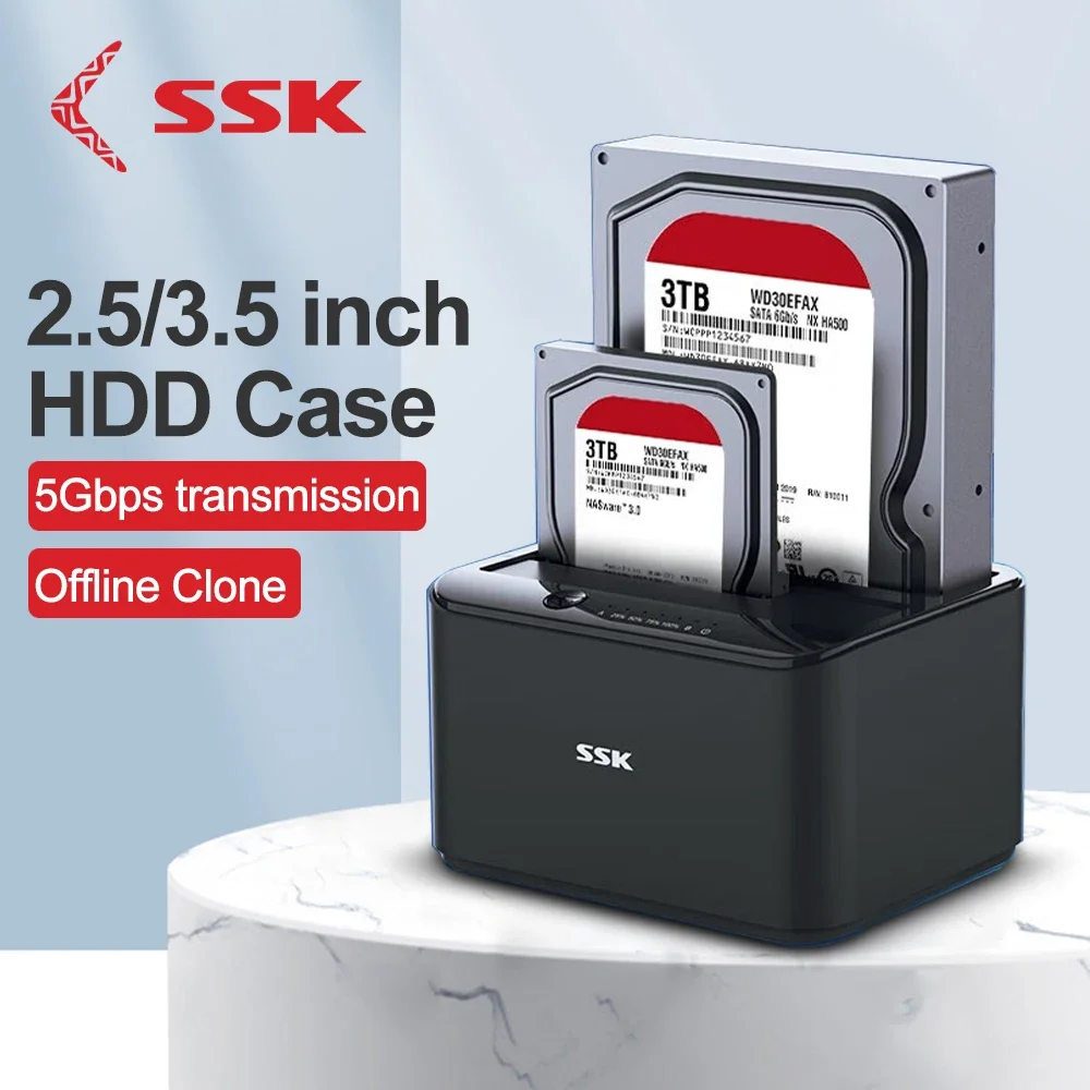 SSK 알루미늄 듀얼 베이 하드 드라이브 스테이션 SATA-USB 3.0 어댑터, 오프라인 복제, 2.5 3.5 SSD 디스크 케이스 HDD 독 인클로저