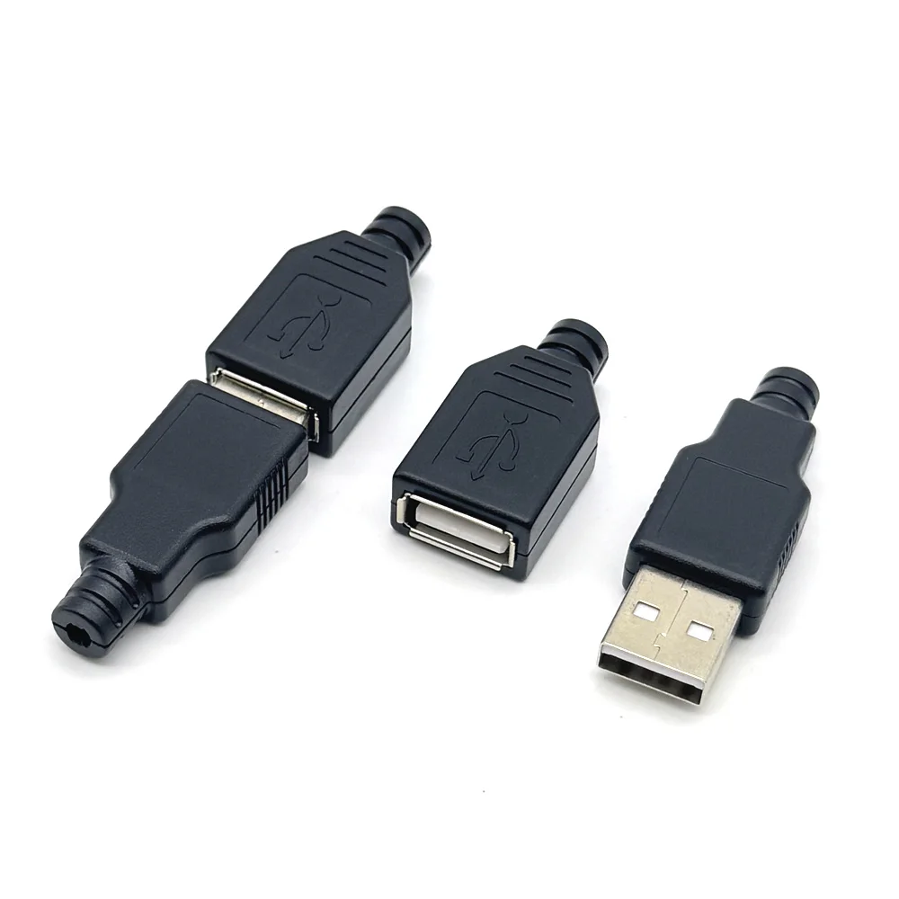 2A Type A Male Female USB 4 Pin Plug Socket Connector With Black Plastic Cover Type-A DIY Kits