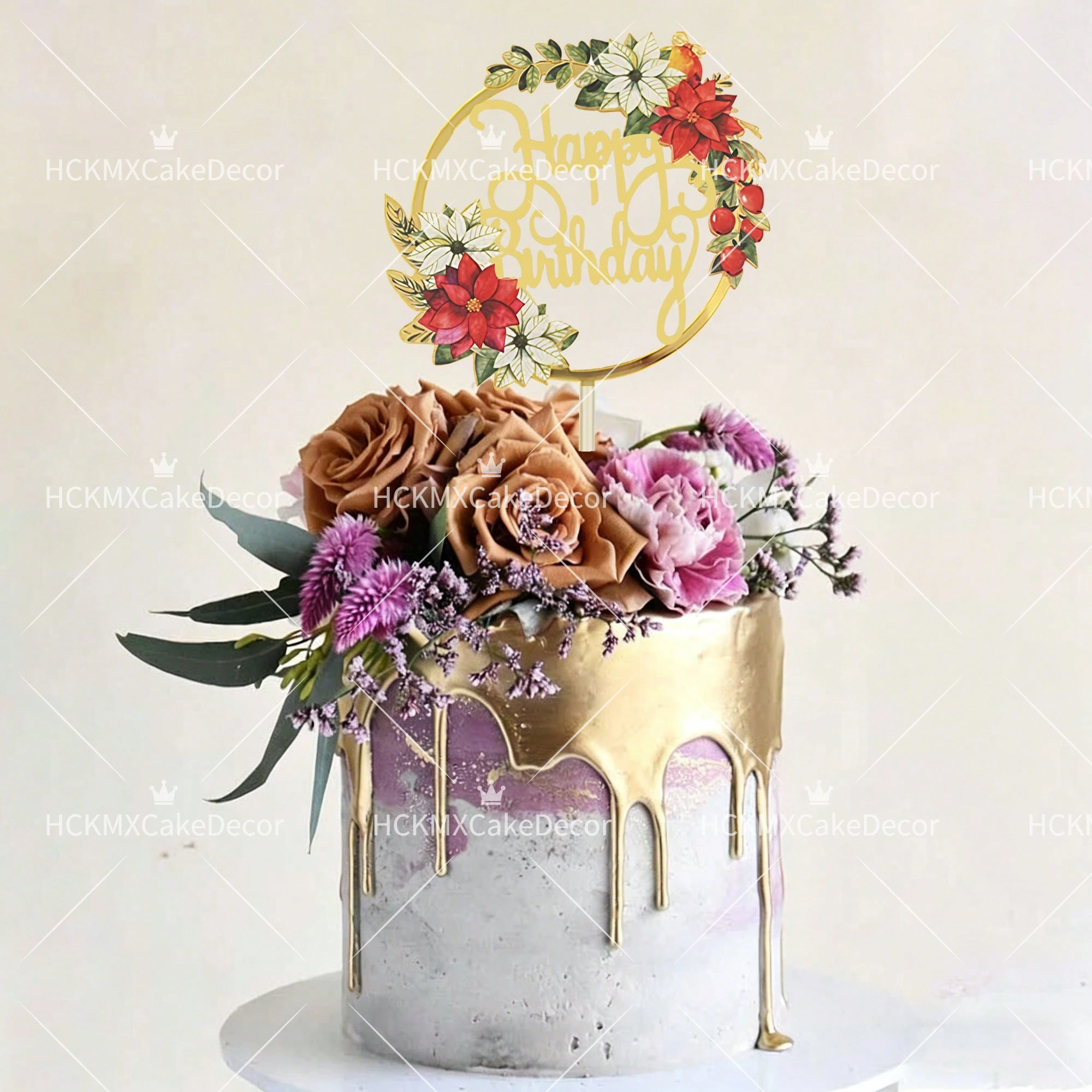 3-teiliger Blumenkranz Happy Birthday Tortendekoration Acryl Gold Spiegel Tortenstecker für Mädchen Frauen Geburtstagsparty Kuchendekoration – Detail 2