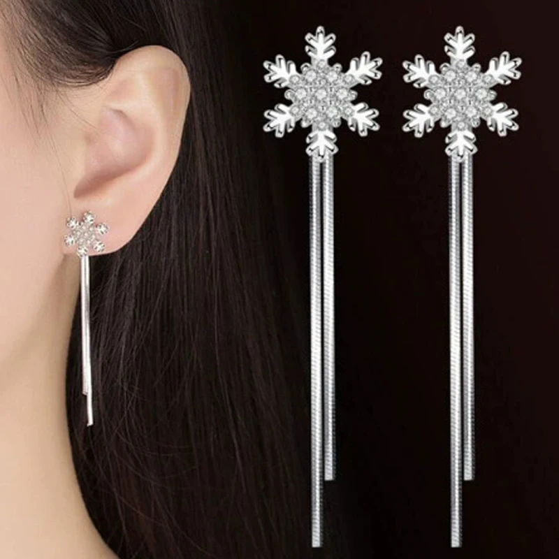 أقراط متدلية فضية اللون على شكل ندفة الثلج سلسلة معدنية أنيقة شرابة طويلة متدلية للنساء مجوهرات عصرية هدية عيد الميلاد #1