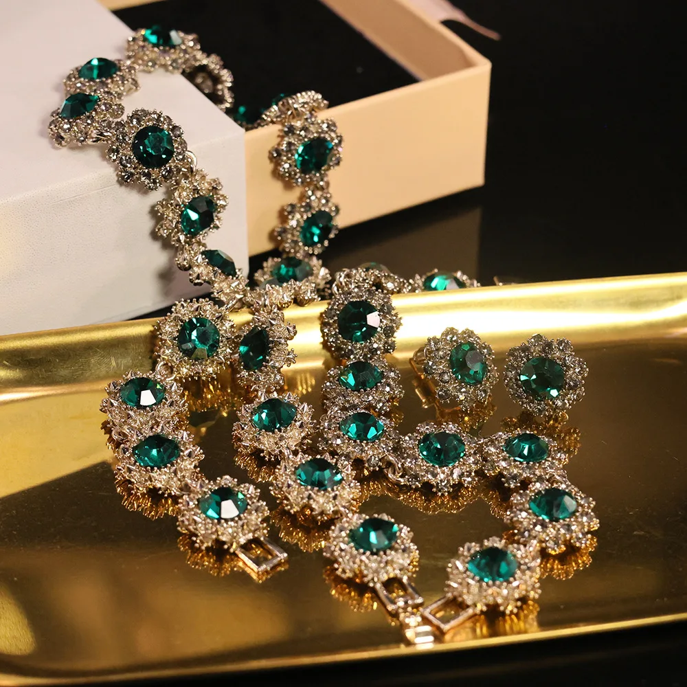 Vintage Crystal Rhinestone Bridal Jewelry Sets Necklace Earrings Bracelet Set for Women Shiny Choker Wedding Party Jewelry