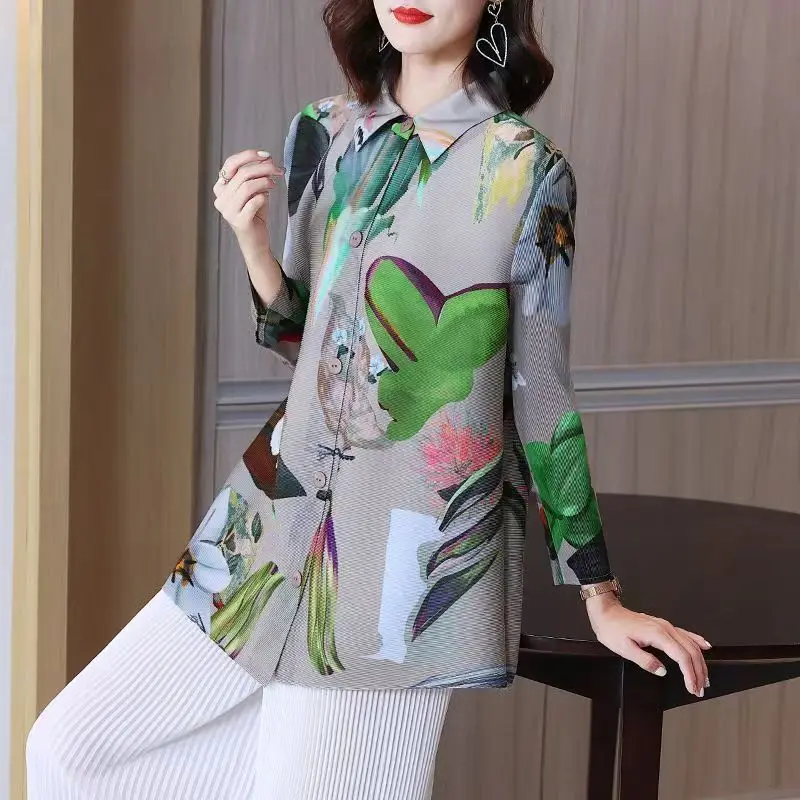 

Short top women's spring and summer loose oversized printed pleated T-shirt trendy thin new tops women 2023