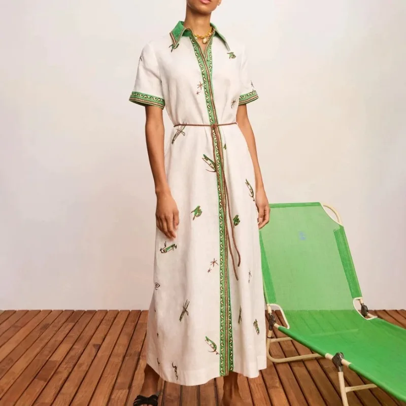 2026 Autumn New Original Women Linen Floral Print Maxi Shirt Dress Short Sleeve Casual Versatile Long Daily Outfit