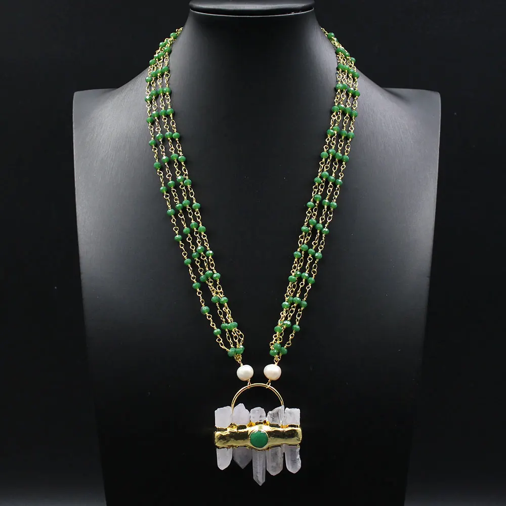 

4 Rows White Pearl Green Crystal Chain Bezel Set Chain Statement Clear Quartzs Jade Pendant Necklace For Lady