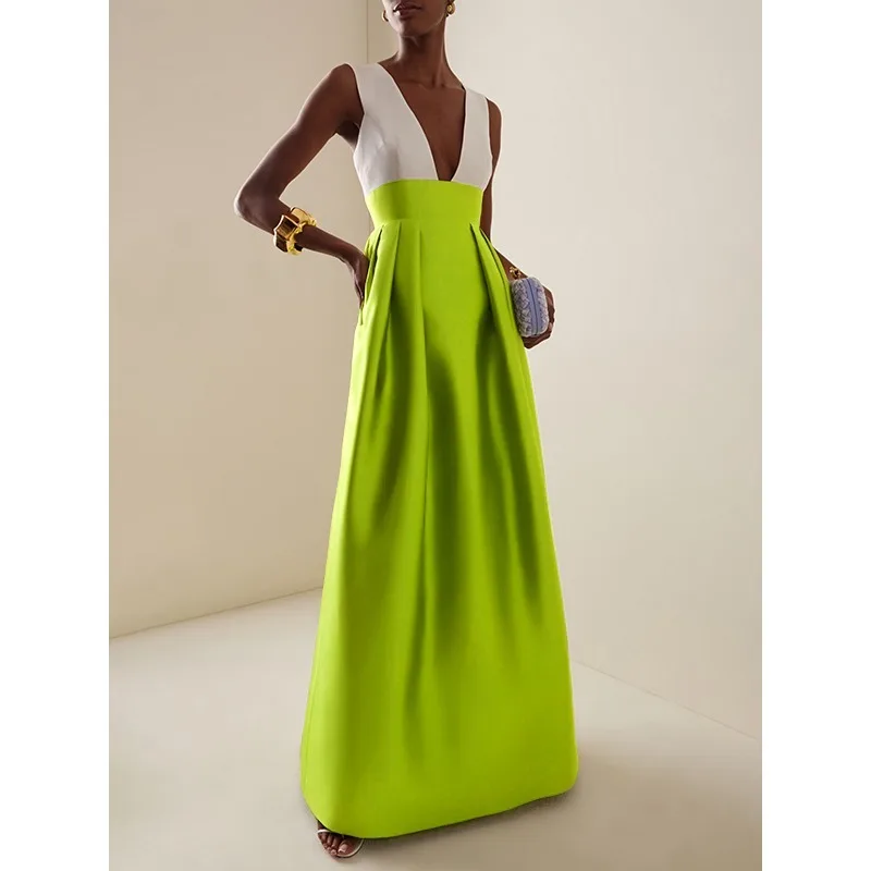 Luksusowe satynowe suknie wieczorowe dla kobiet 2025, linia A, plisowane, bez rękawów, głęboki dekolt w serek, elegancka sukienka na przyjęcie, długie sukienki 178731