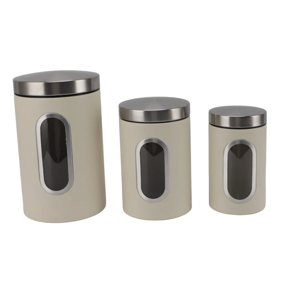 3PCS Practical Iron Kitchen Canisters Set s/m/l Beige/Black Coffee Canister Set Food Storage Jars Kitchen Countertop