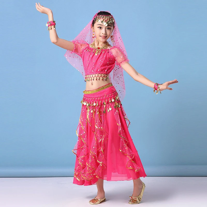 Arabic Princess Jasmine Belly Dance Costume Outfit for Girls Kids Stage Performance Party Wear Set Halloween Cosplay Carnival