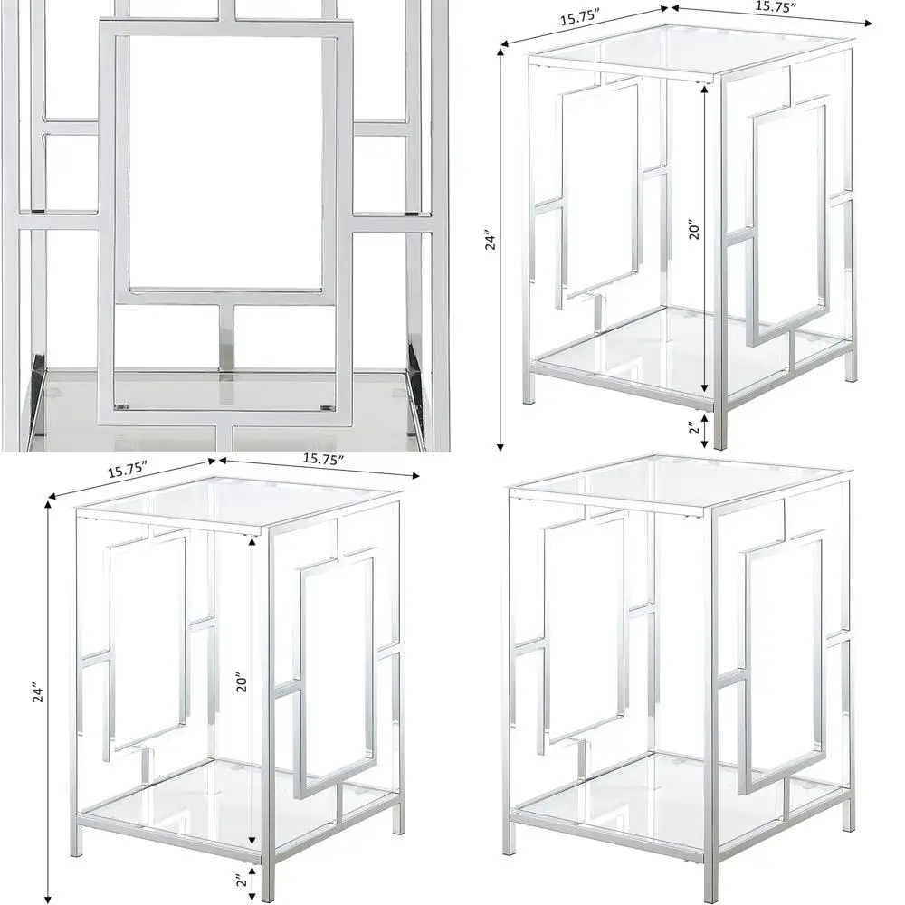 Modern Chrome Accent Table with Glass Shelf - 15.75 Living Room Side Table, Storage, Bedroom Nightstand