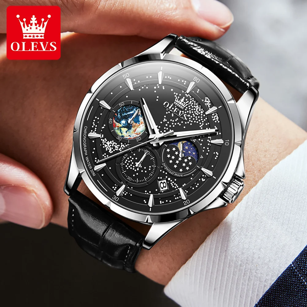 OLEVS Men\'s Watches Multifunctional Original Quartz Wristwatch Waterproof Leather Luminous Watch for Man Chronograph Moon Phase