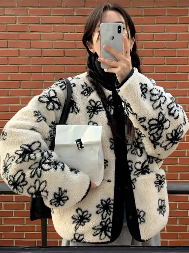 

Хлопковая куртка с цветочным принтом из меха ягненка, женская свободная куртка с воротником-стойкой, осенне-зимнее теплое двустороннее хлопковое пальто, топ
