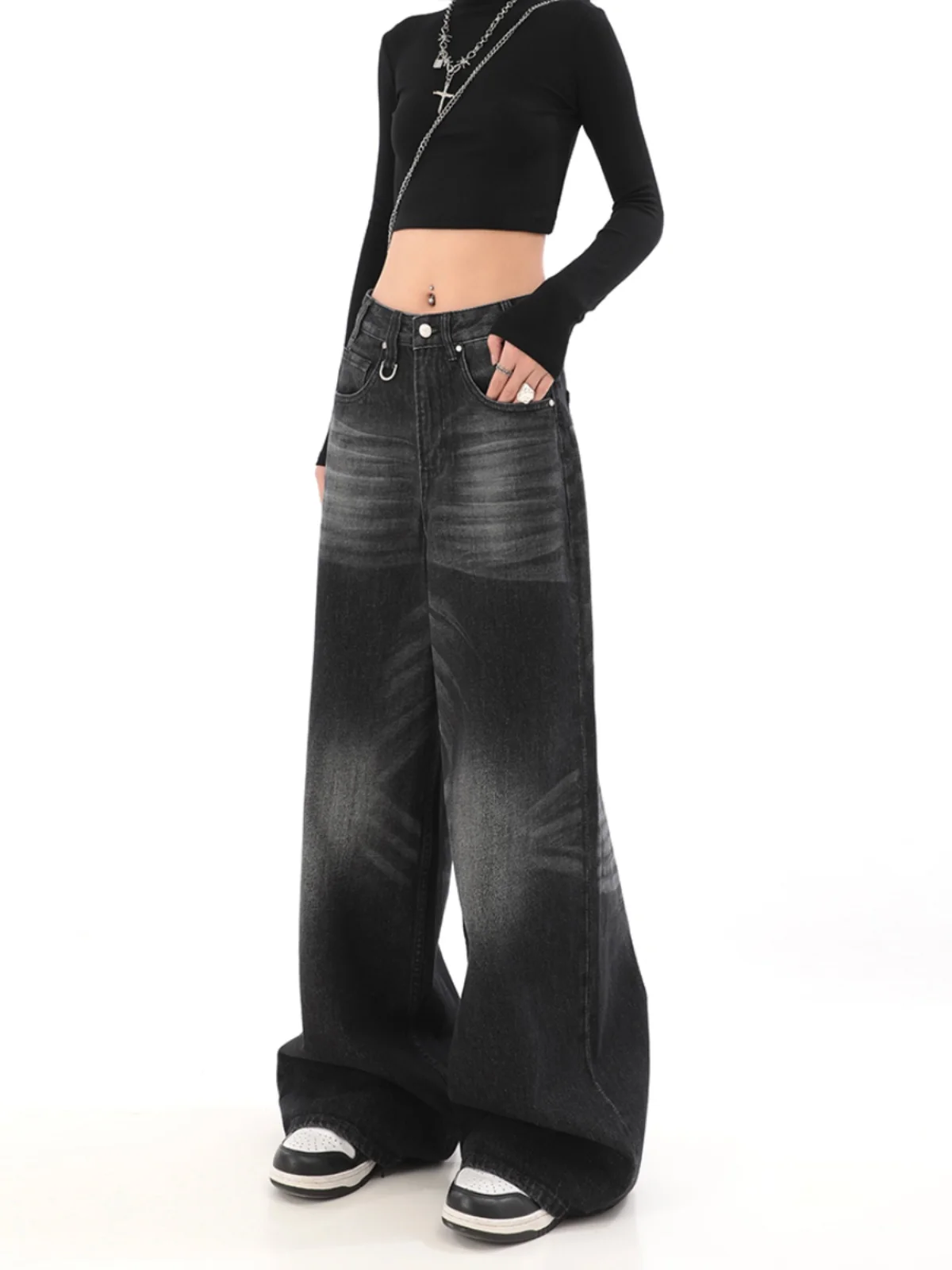 WCFCX STUDIO Vintage Washed Old Black Wide Leg Jeans Women Autumn New High Waist Loose Straight Floor Dragging Pants Fashion