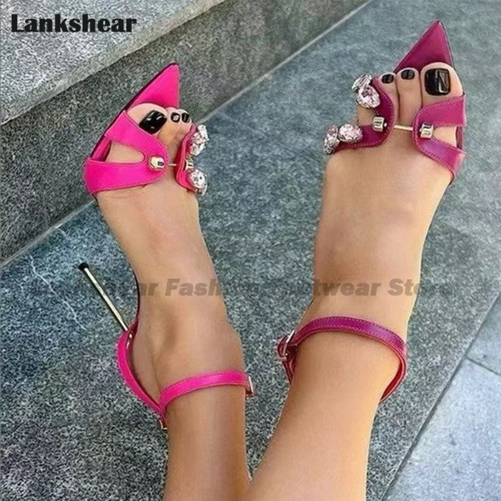 Gems Trim Metal Nail Heels Sandals Luxury Cross Strap Pointy Stiletto Shoes Ladies Cross Strap Party Pumps Sandalias De Mujer