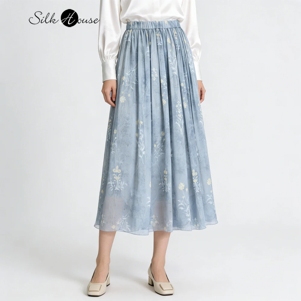 

Women's Casual Summer Clothing 100% Natural Mulberry Silk Georgette Three-layer Elastic Waist Loose Floral Large Swing Skirt
