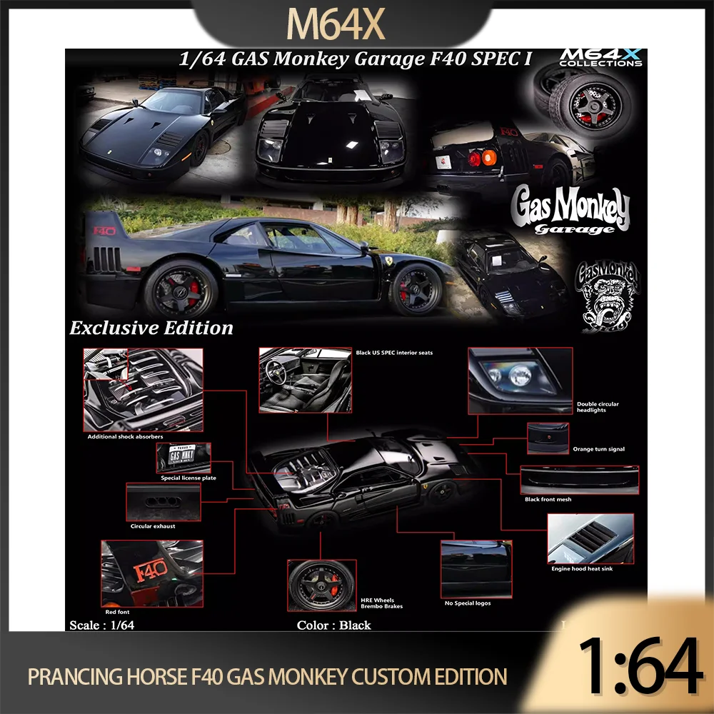 M64X 1:64 Prancing Horse F40 Gas Monkey Custom Edition, Black, Resin Car Model Collection Display Gift Toy