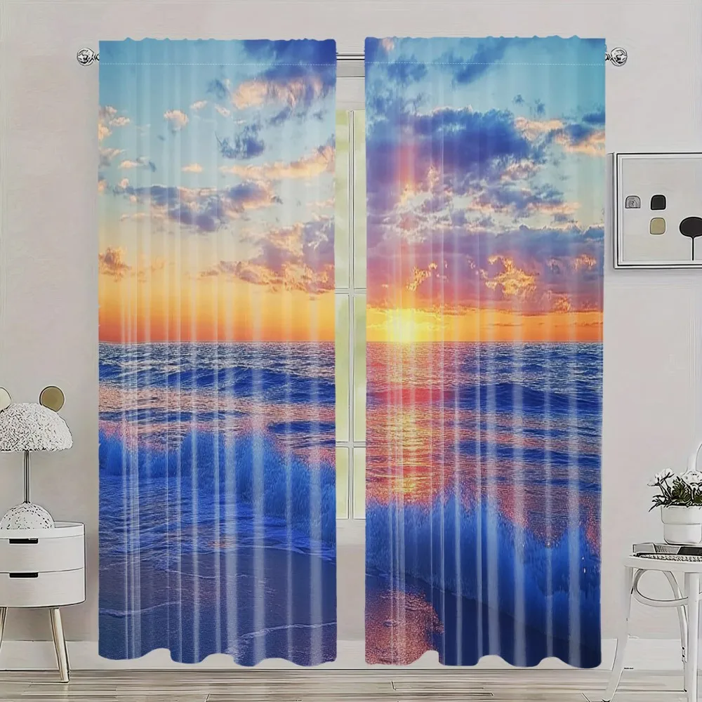 2pc Beach Theme Curtains – Sunset & Waves Design, Classic Style for Living Room, Bedroom & Laundry Room – Coastal Home Decor