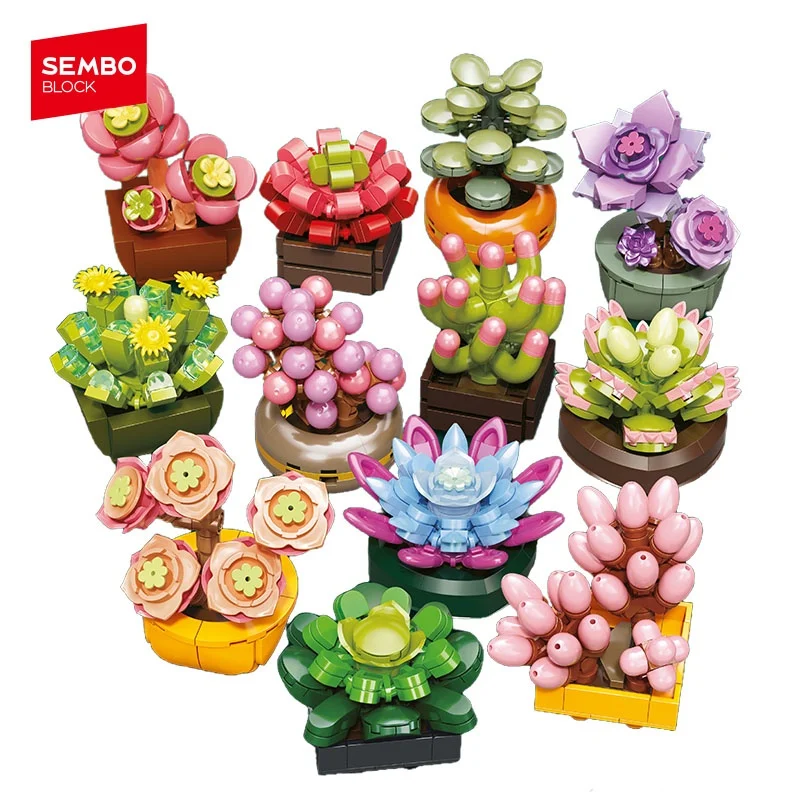 SEMBO BLOCK Cute Succulent Bonsai Gachapon Assembly Building Blocks Potted Plant Models Home Decor Desktop Ornament Holiday Gift
