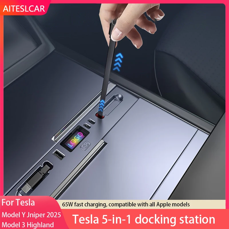 

For Tesla Model 3 Highland Model Y Juniper 2025 65W Quick Charger USB Shunt Docking Station Car Adapter Powered Splitter Extensi