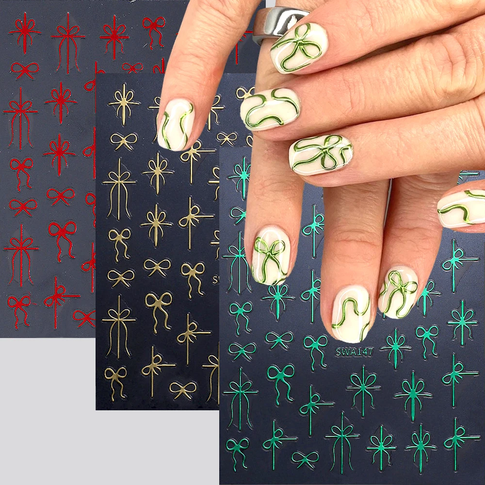 1장 그린 레드 선물 리본 보우 네일 스티커 골든 트위스트 리본 보우 셀프 접착 네일 데칼 심플 리본 매니큐어 데칼