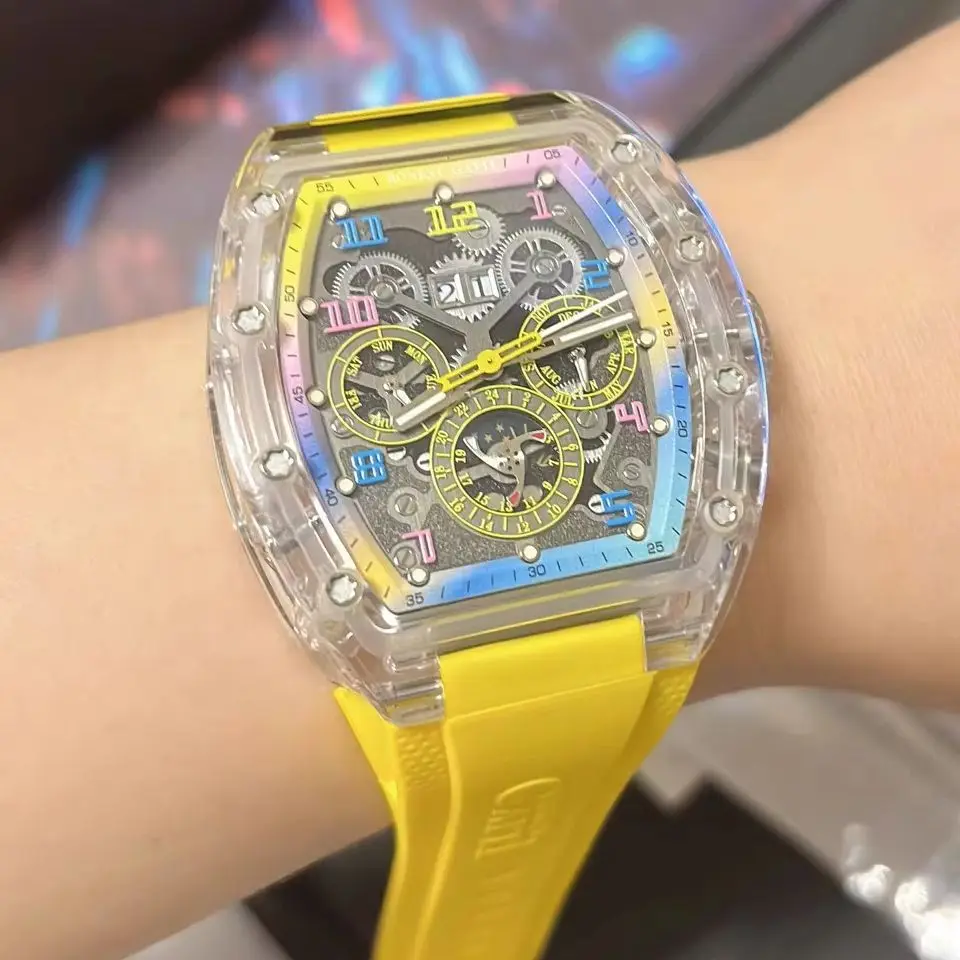 BONEST GATTI Men Automatic Watch Tonneau Mechanical Wristwatch Acrylic Case Luminous Sapphire Multi-Dial Month Week Date 24Hours