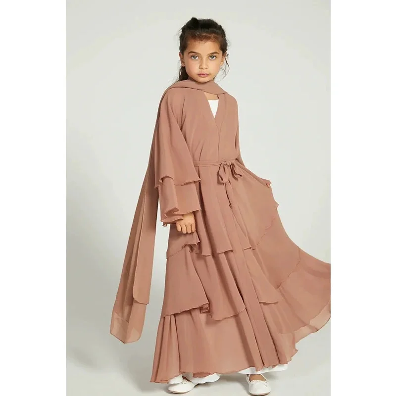 

Kids Muslim Girls Abaya Prayer Long Maxi Dress Turkey Kaftan Arab Robe Dubai Islam Morocco Eid Party Ramadan Ruffles Gown Caftan