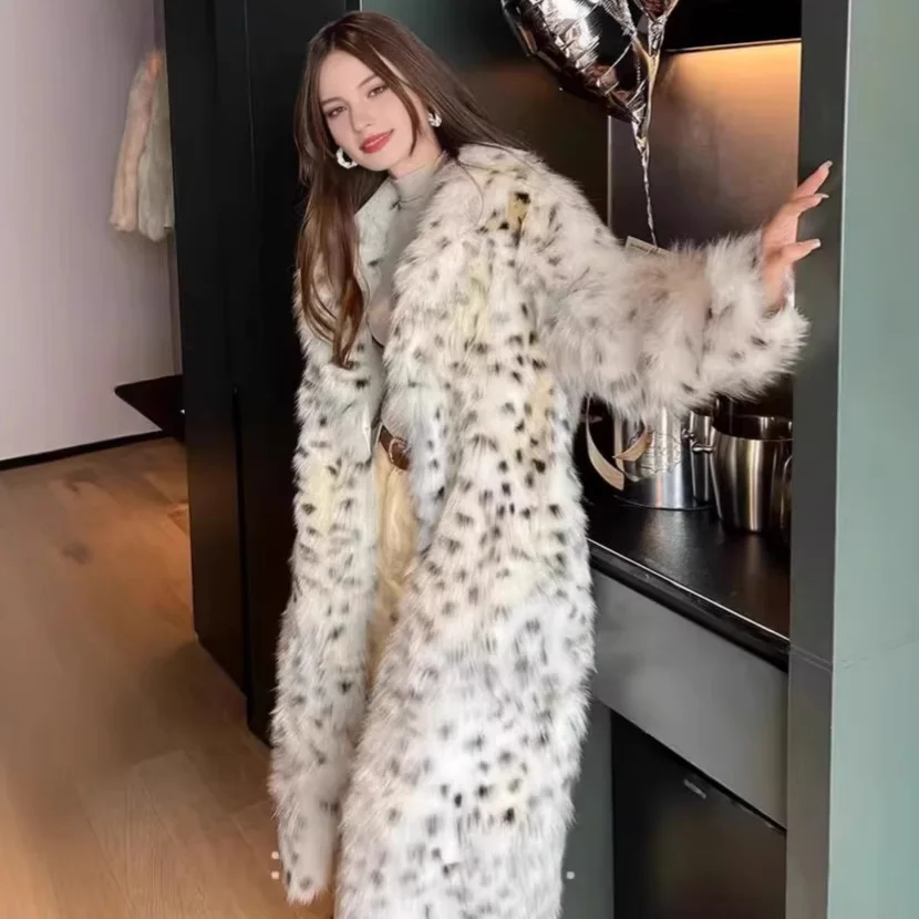 

Autumn Winter New Sle Mountain Fur Coat Women's Long Length Suit Collar Leopard Spot Fur Simulation Large Coat